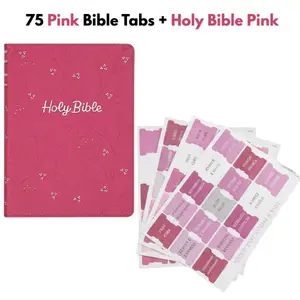 KJV Holy Bible Gift Edition in Pearlized Cherry Pink with Pink Boho Bible Tabs Bundle Daily Devotional Hardcover Notebook Heat-Debossed Floral Design Silver-Foiled Title