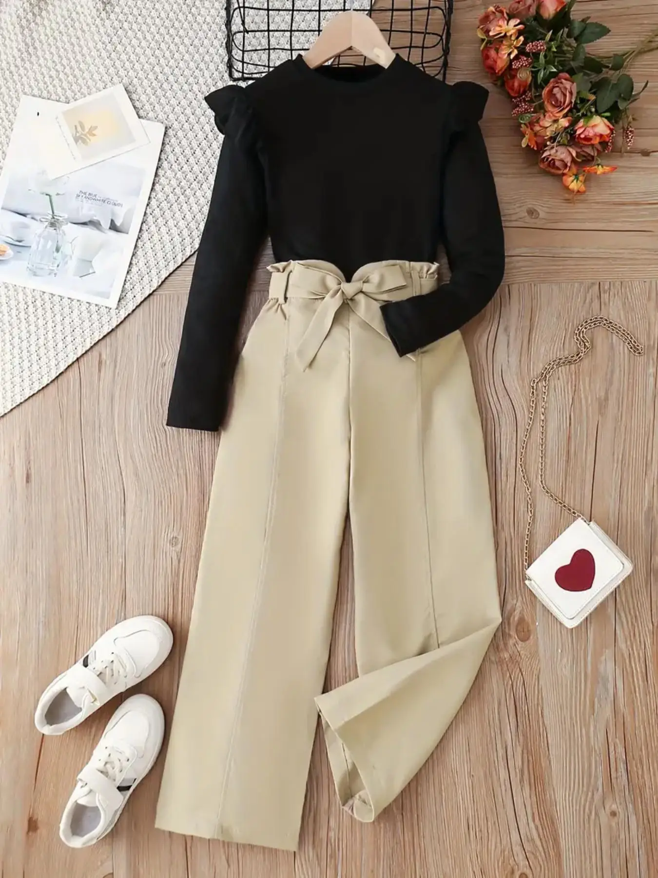 Two-Piece Set Girl's Solid Ruffle Trim Tee & Belted Paper Bag Waist Pants Set, Casual Round Neck Long Sleeve Top & Trousers for Fall & Winter, Kids Cl