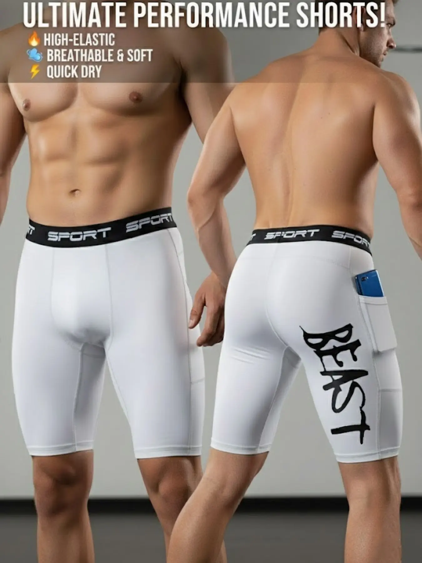 Men's White BEAST Graphic Workout Shorts with Pockets, Quick Dry Breathable High Stretch Athletic Training Shorts for Gym, Running, Fitness, and Everyday Active Sportswear, Elastic Sporty Shorts