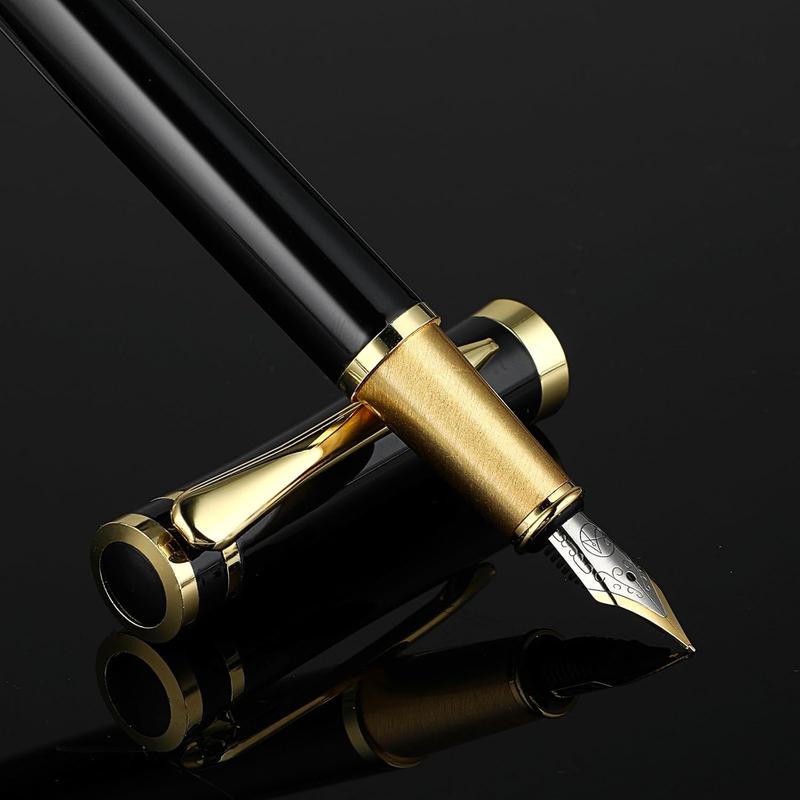 Luxury Metal Fountain Pen Set, 0.5 mm Fine Nib Fountain Pen with 6 Pcs 2.6mm Black Ink Cartridges Smooth Writing Pen Gift for Men Women Business Office Journaling