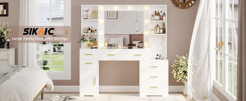 Sikaic Modern Design 48.8 Inches Large Makeup Vanity Desk with Drawer Lighted Mirror & Aesthetic Glass Tabletop Home Organizing Interior