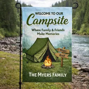 Personalized Campsite Garden Flag, Tent Camping Flag, Family Name Yard Flag, Outdoor Camping Decor, Welcome Campsite Sign Custom Flag