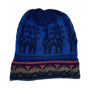 Navy Neon Blue Llama Knitted Alpaca Beanie Hat - One Size, Soft Chemo Headwear, Warm & Cozy, Hand-Knitted Alpaca, Colorful Unisex Cap