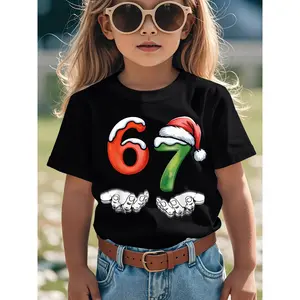 ' 67 Number & Handprint Graphic Christmas T-Shirt - 67 Meme Design Short Sleeve Round Neck Casual Top with Santa Hat & Snowflake Number 67 - All-Season Comfortable Casual Attire for Boys & Girls - Birthday & Holiday Outfits - Funny 67th Birthday Par