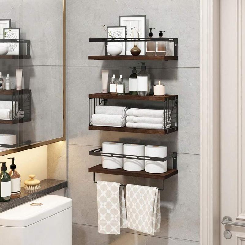 3+1 Tier Wall Mounted Bathroom Shelves Over Toilet, Rustic Wood Floating Shelves With Metal Frame And Towel Bar For Bathroom, Kitchen, Bedroom, Living Room, Home Decor, Bathroom Decor, Bathroom Organizer Summer