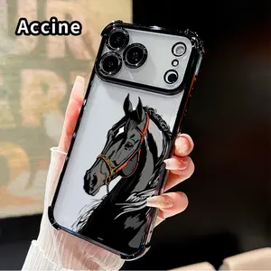 Four Corners Phone Case for iPhone 17 16 Pro Max 15 Plus 14 13 12 11 E Air Black Horse Pattern Anti-drop Cellphone Protective Durable Total Coverage Shockproof Phone Cover
