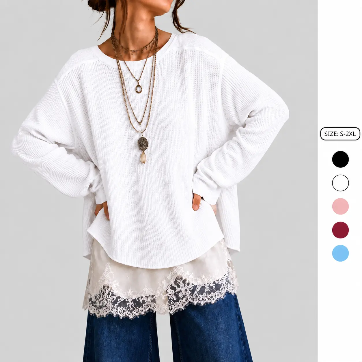 Imily Bela Women’s Oversized Waffle Knit Top Long Sleeve Crew Neck Casual Loose Fit Pullover Shirt Lightweight Tunic Blouse