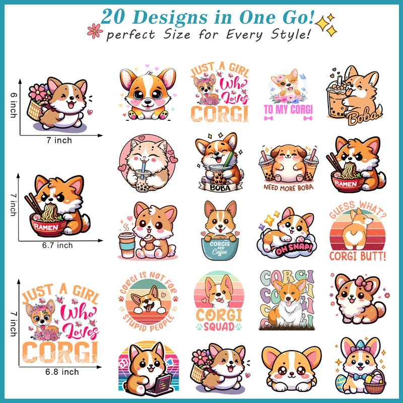 20 Sheet Cute Corgi Dogs Kids Girls Iron On Transfer T-Shirt Stickers Iron Heat Transfer Direct to Film DTF Transfers Ready to Press for T-Shirts/Bag/Pillow