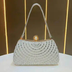 Pearl Clutch Purse for Women with Chain Rhinestone Accent, Leather Top-Handle Evening Bag for Party and Wedding, Trending Elegant Accessory