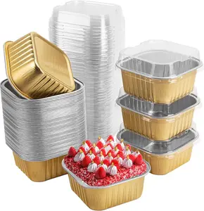 50Pcs Gold Aluminum Foil Mini Cake Pans with Lids, Disposable Square 5oz Baking Cups, Portable Dessert Ramekins, 150ml Cupcake Holders, Ideal for Wedding, Birthday Party, Holiday Dessert Serving & Home Baking Supplies
