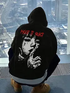 Unisex Gothic Girl Portrait Print Hoodie, Fall & Winter Casual Streetwear, Fitted Woven Fabric, Y2K Style, Trendy, Graphic