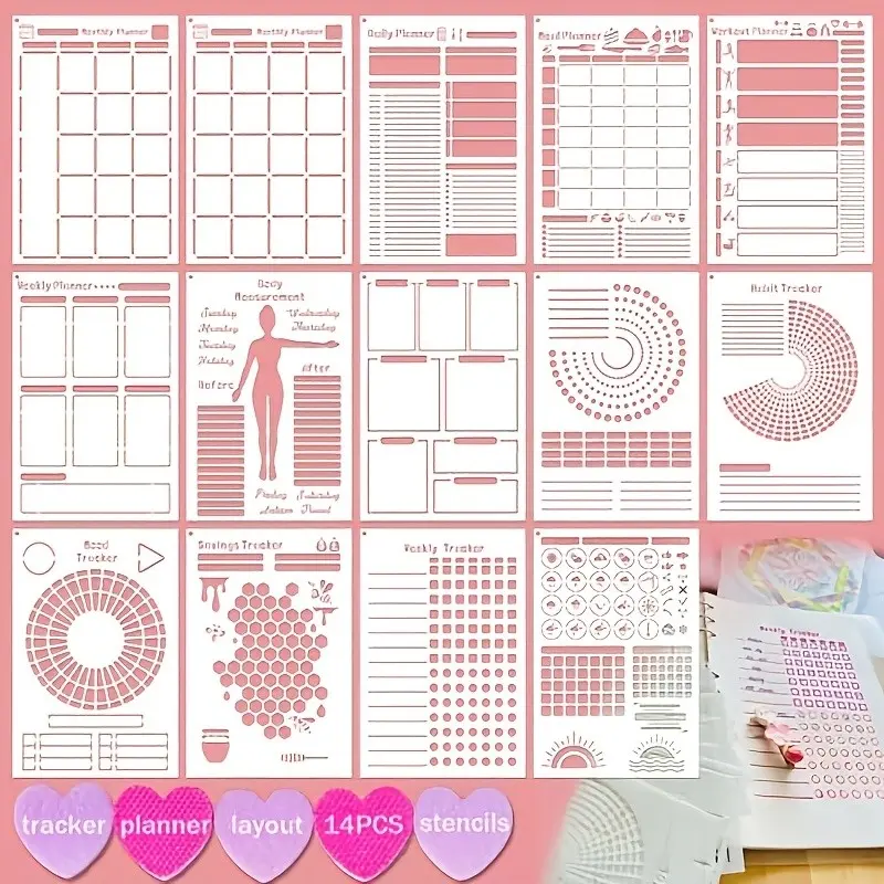 14-Piece Reusable Plastic Tracker & Planner Templates, Ideal for Dot Grid Notebooks, Customizable Layouts for Daily Tracking, Weekly Planner, Weeks Planner