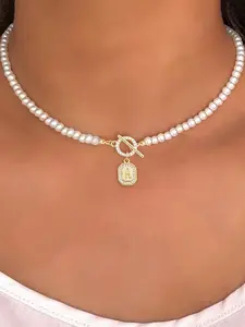 Women's Fashion Letter OT Buckle Pendant Necklace, Faux Pearl Beaded Chain, Casual Style Jewelry for All Seasons