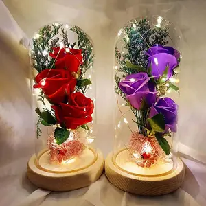 Artificial Soap Rose with LED Light and Transparent Glass Box, Decorative Flower for Home and Party, DIY Accessories, Valentine's Gift, Artificial Roses Bouquet