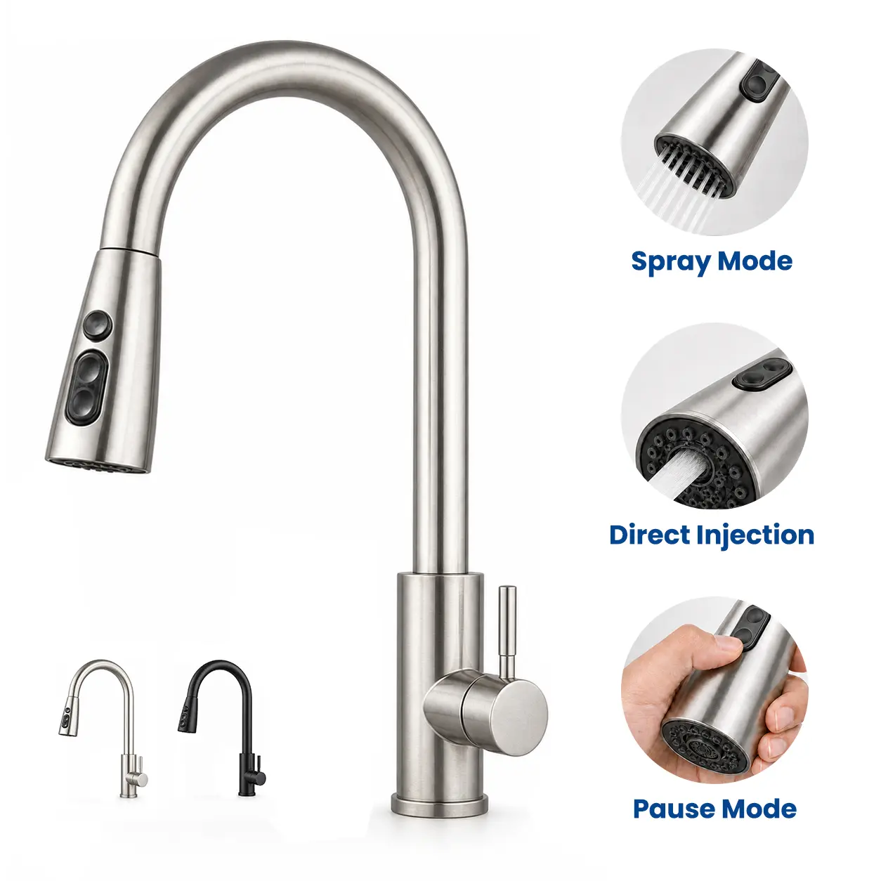 Brushed Nickel Modern Kitchen Faucet - 360° Rotatable High Arc Gooseneck Spout, Pull Down Sprayer, Single Handle, 3 Spray Modes, Single Hole Rotating Faucet for Sink Upgrade, 360° Rotatable Kitchen Taps