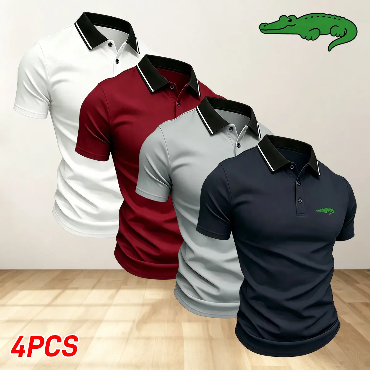 Men’s 4-pack solid-color polo shirts with turn-down collar, breathable quick-dry design for golf and casual wear; lightweight, stretchy fabric suitable for summer office wear; crocodile print; comfortable fit, short sleeves.