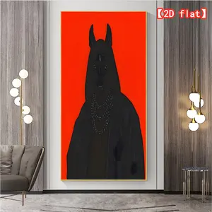 2D flat large hit decorative painting, black animal figure, wearing a necklace, red background. Frameless, interior decoration | vintage poster print wall art, vintage wall art