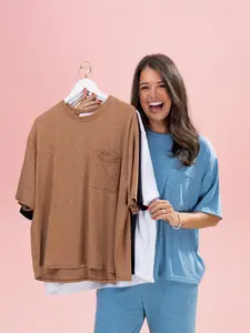 Women's Slub Ribbed Oversized T-Shirt with Front Pocket, S-3XL Sizes, Pair with SKU63653