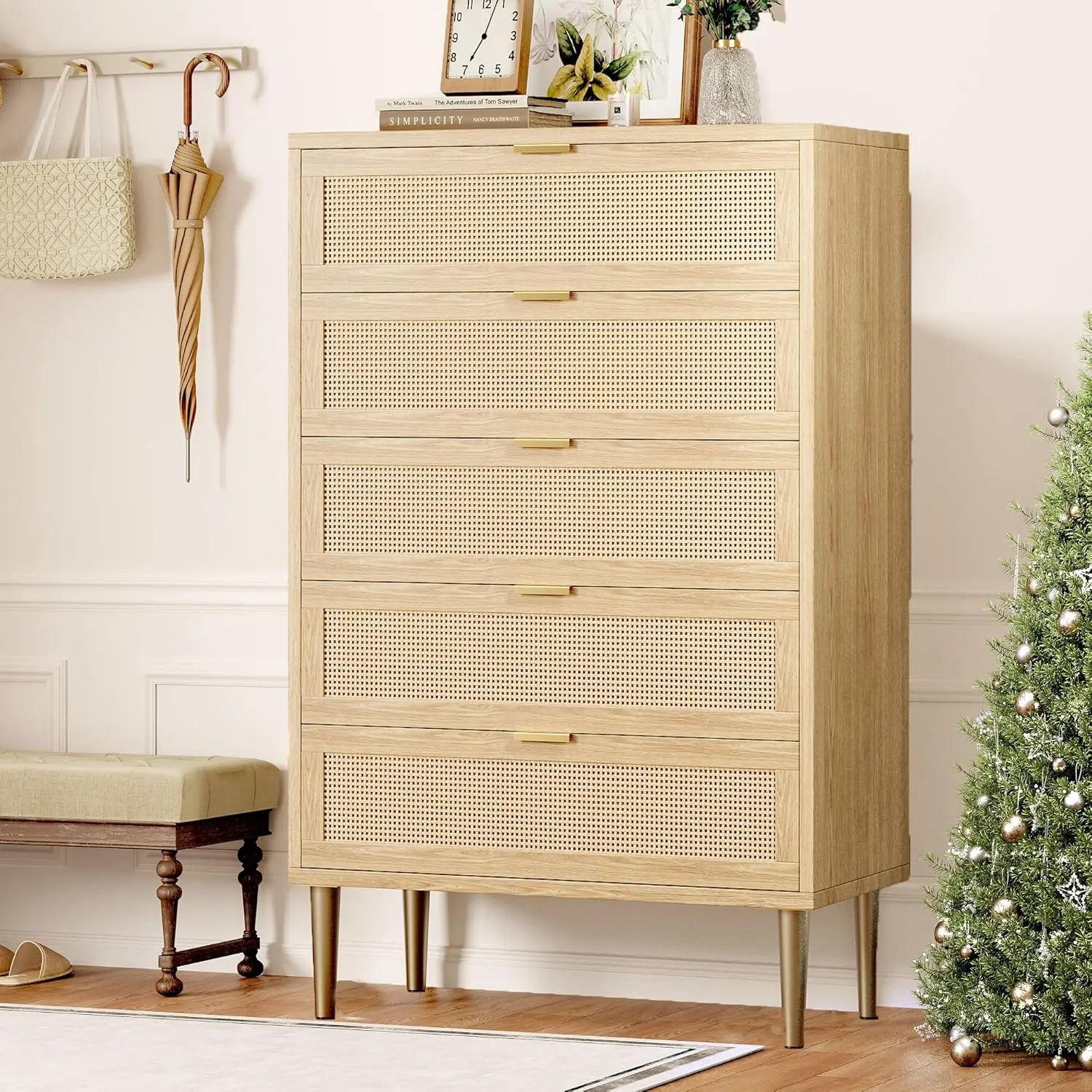 Black Farmhouse 5-Drawer Rattan Dresser - 44in Tall Slim Engineered Wood  Oak Chest with Metal Legs, Handles, Easy Setup, Farmhouse Look, Modern  Vertical Storage Cabinet for Bedroom, Living Room - TikTok Shop
