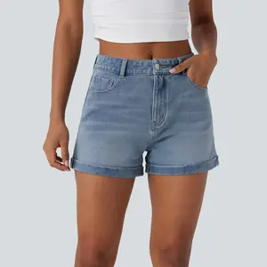 Halara Flex Mid Rise Button Zipper Multiple Pockets Stretchy Knit Denim Casual Shorts 3'' Blue Basic Jean