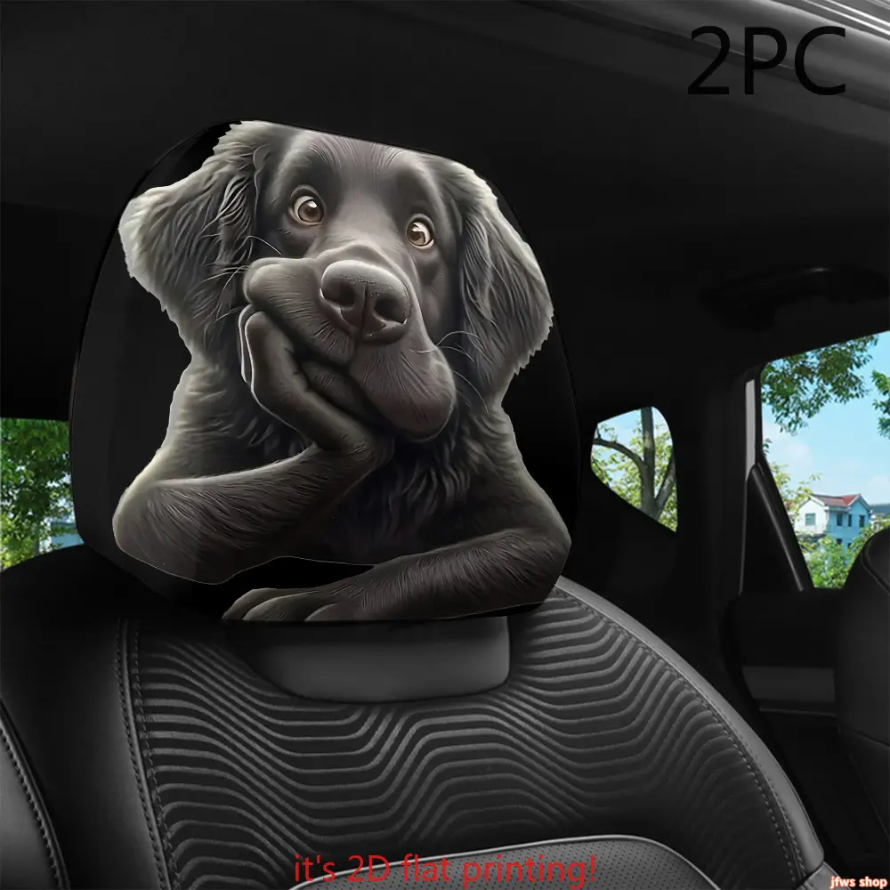 2pcs Black Dog Print Car Headrest Covers | Funny Car Accessories | Universal Fit, Washable, Easy to Install | Travel Essentials, Christmas Seat Protector |  Auto Interior Decoration homedecor