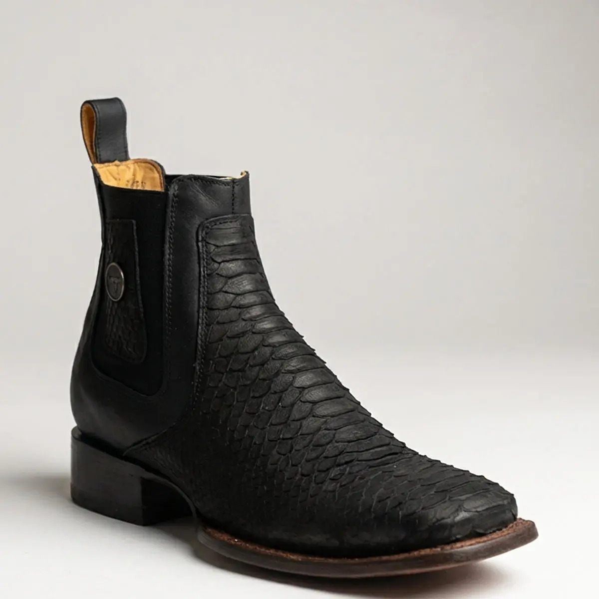 Black Python Print Short Cowboy Boots Square Toe