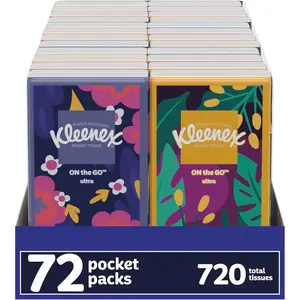 Kleenex On-The-Go Facial Tissues, 72 On-The-Go Packs (3 Trays of 24 Packs), 10 Tissues per Box (720 Total), 3-Ply, Packaging May Vary