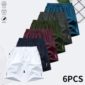 6-piece set,  zipper pocket thin  quick drying fabric , summer ice silk beach , ice fast drying sports and leisure pants, basketball , reflective strip design,  wear, plain pants, suitable for running and fitness