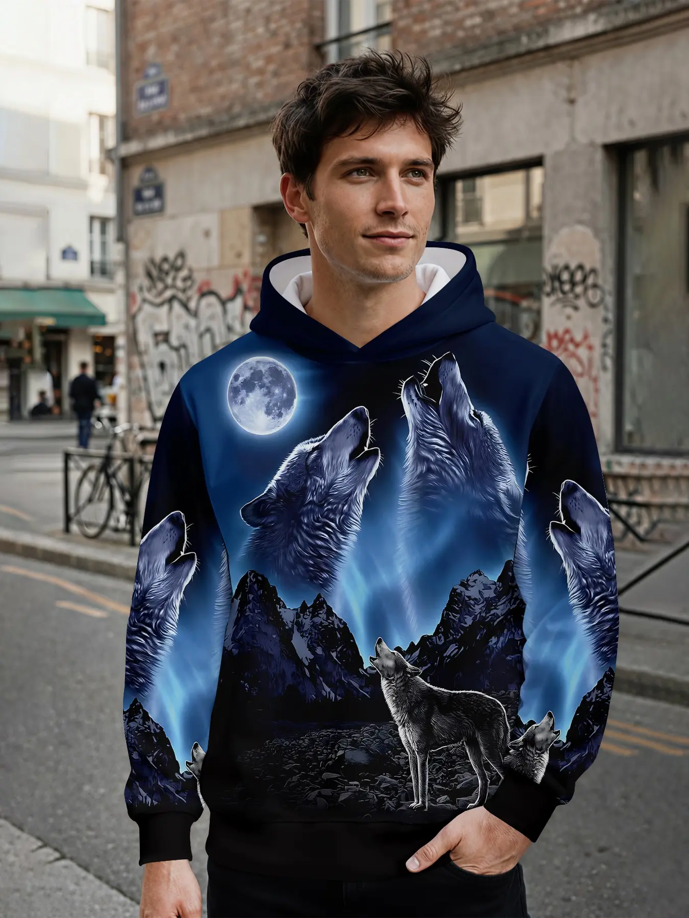 Men's Graphic Hoodie with Dark Realistic 3D Digital Print of Howling Wolves Under the Moonlight, All-over Printed Pattern, Eye-catching for Casual Daily Streetwear and Music Festival Outfits, Ideal Festival Gift for Men
