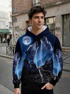 Men's Hoodie with Dark Realistic 3D Digital Print of Howling Wolves Under the Moonlight, All-over Printed Pattern, Eye-catching for Daily Streetwear and Music Festival Outfits, Ideal Festival Gift for Men
