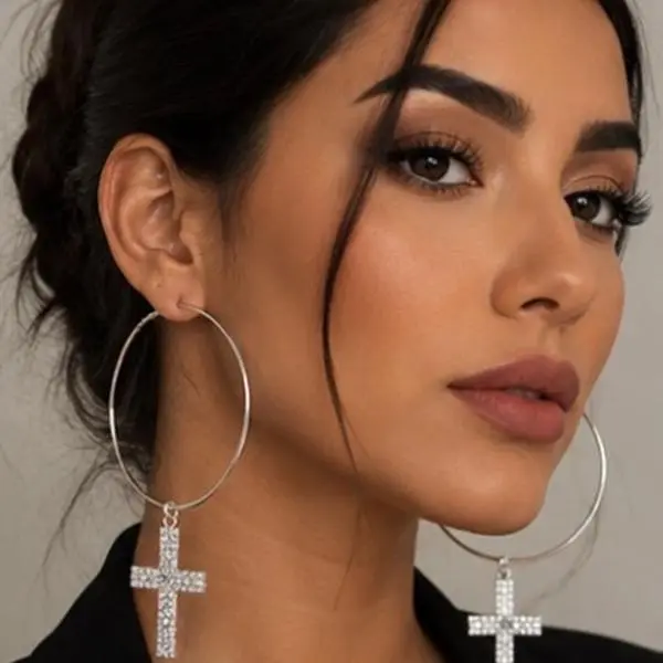 Elegant Rhinestone Cross Hoop Earrings Bohemian Alloy Glittering Large Dangle Exaggerated Statement Jewelry For Women