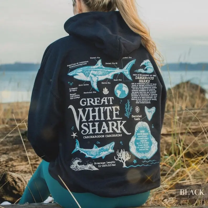 Retro Great White Shark Biology Hoodie Vintage 90s Oceancore Aesthetic, Cute Baggy Beach Sweater, Gift For Marine/Wildlife Biologist