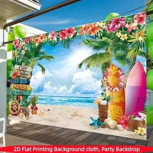 Summer Tropical Beach Background Cloth, 2D Print Polyester Outdoor Party Banner, Palm Tree Surfboard Island Scene, Hawaii Pool Birthday Decor