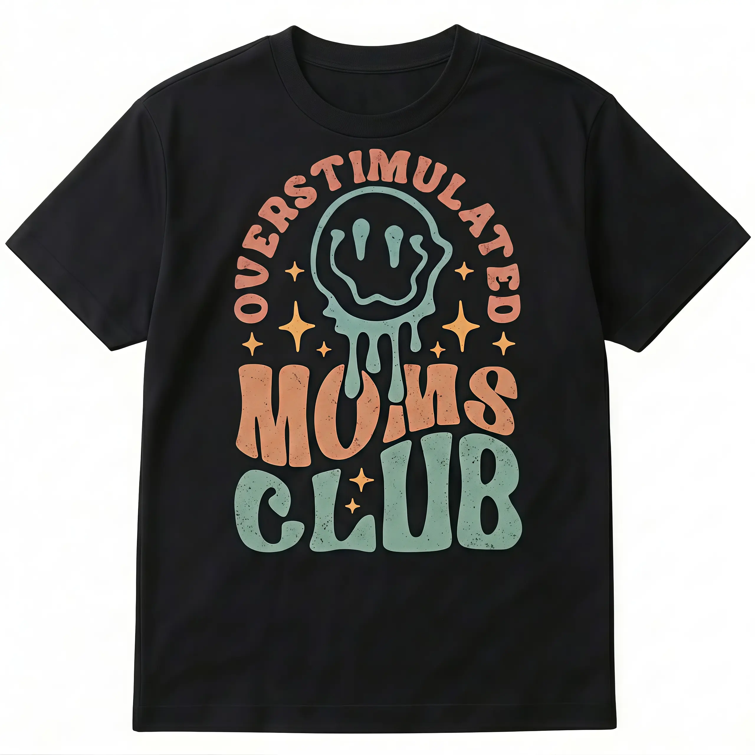 Retro "Overstimulated Moms Club" Tee Melted Smiley Shirt Perfect summer gift Casual Cotton Menswear Crew Neck Graphic T-shirt Tops Womenswear Streetwear Print Tshirt LK00075TD