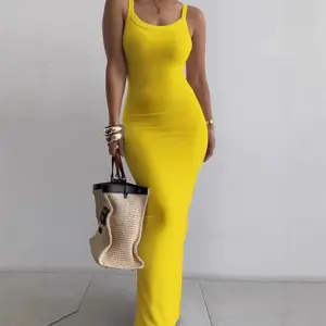New Solid Color Sling Slim Fit Skinny Sleeveless Maxi Dress Comfortable Refined Cine Dress