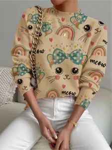 Women's Cartoon Print Stand Collar Sweater, Casual Fitted Long Sleeve Knitwear for Fall Winter, Comfortable Warm Daily Wear