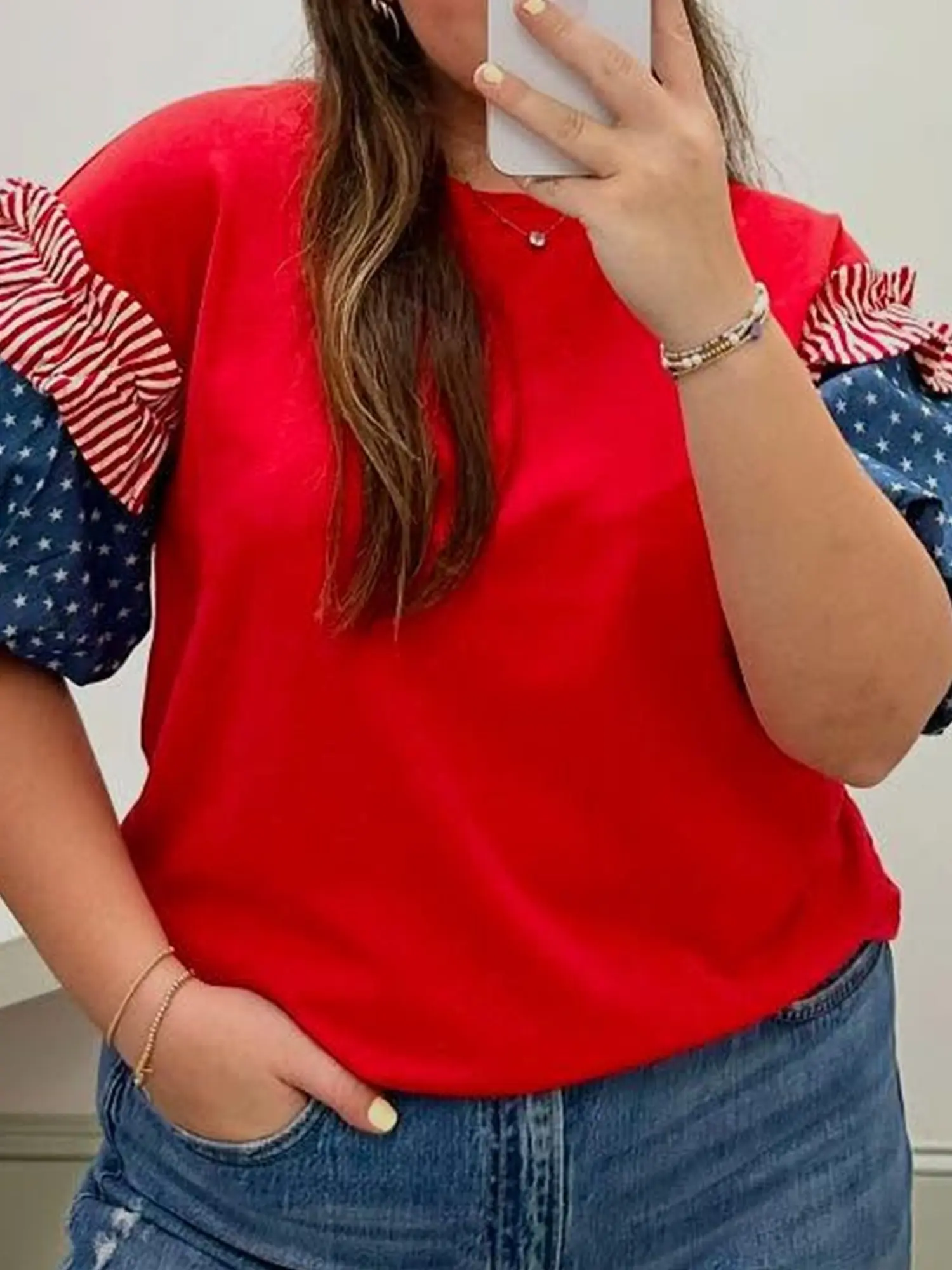 Women's Plus Size Star-Striped Ruffle Short-Sleeve T-Shirt - Patriotic 4th of July Independence Day Loose Comfy Patchwork Tops, Plus Size Women Clothing, Shortsleeve