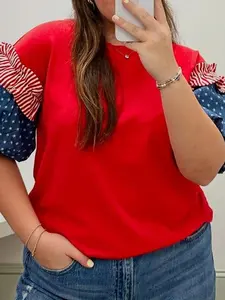 Women's Plus Size Star Striped Ruffle Short Bubble Sleeve Tops Patriotic 4th of July Casual T-Shirts Independence Day Loose Comfy Patchwork Shirts