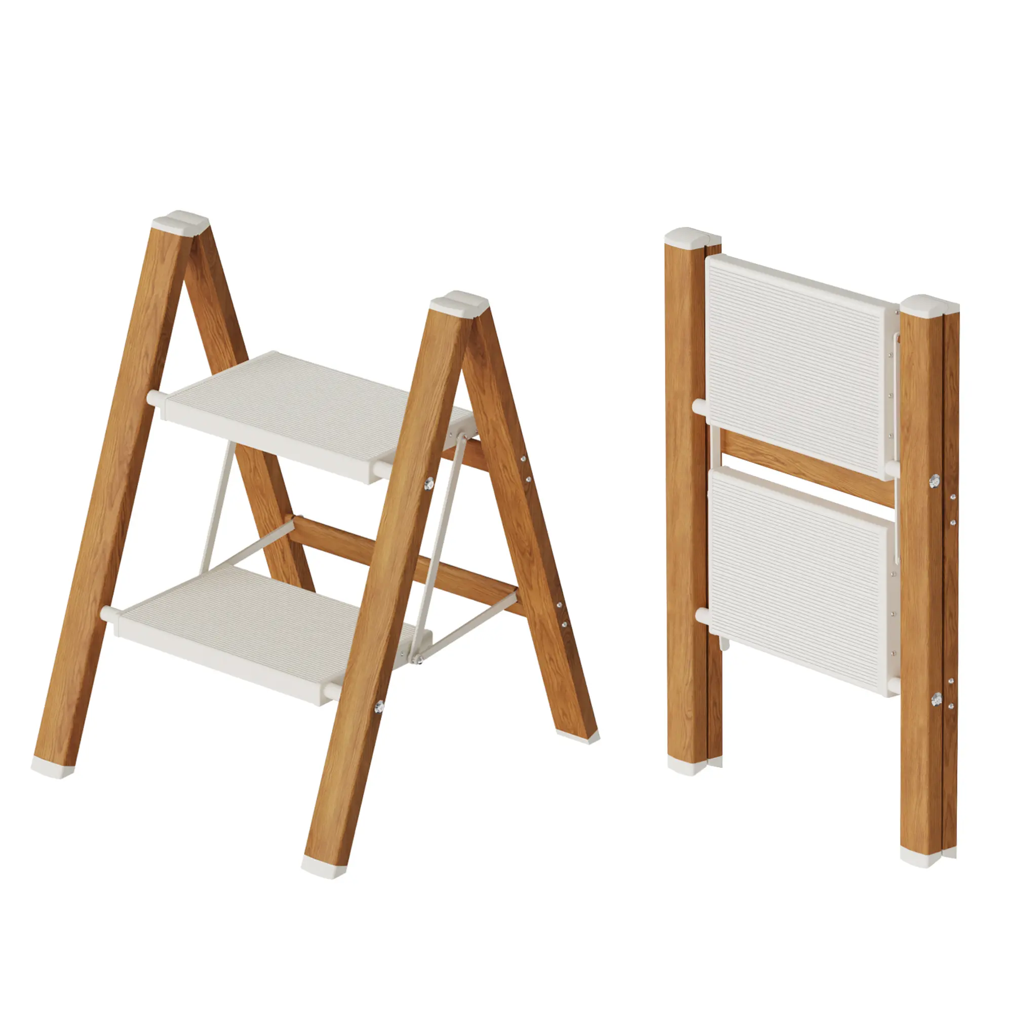 2 White wooden household aluminum folding ladder. Equipped with widened anti-slip steps. Can bear 150 kilograms. Has been treated for rust prevention. Suitable for both indoor and outdoor use. Can be used as a bookshelf, flower stand or storage rack.