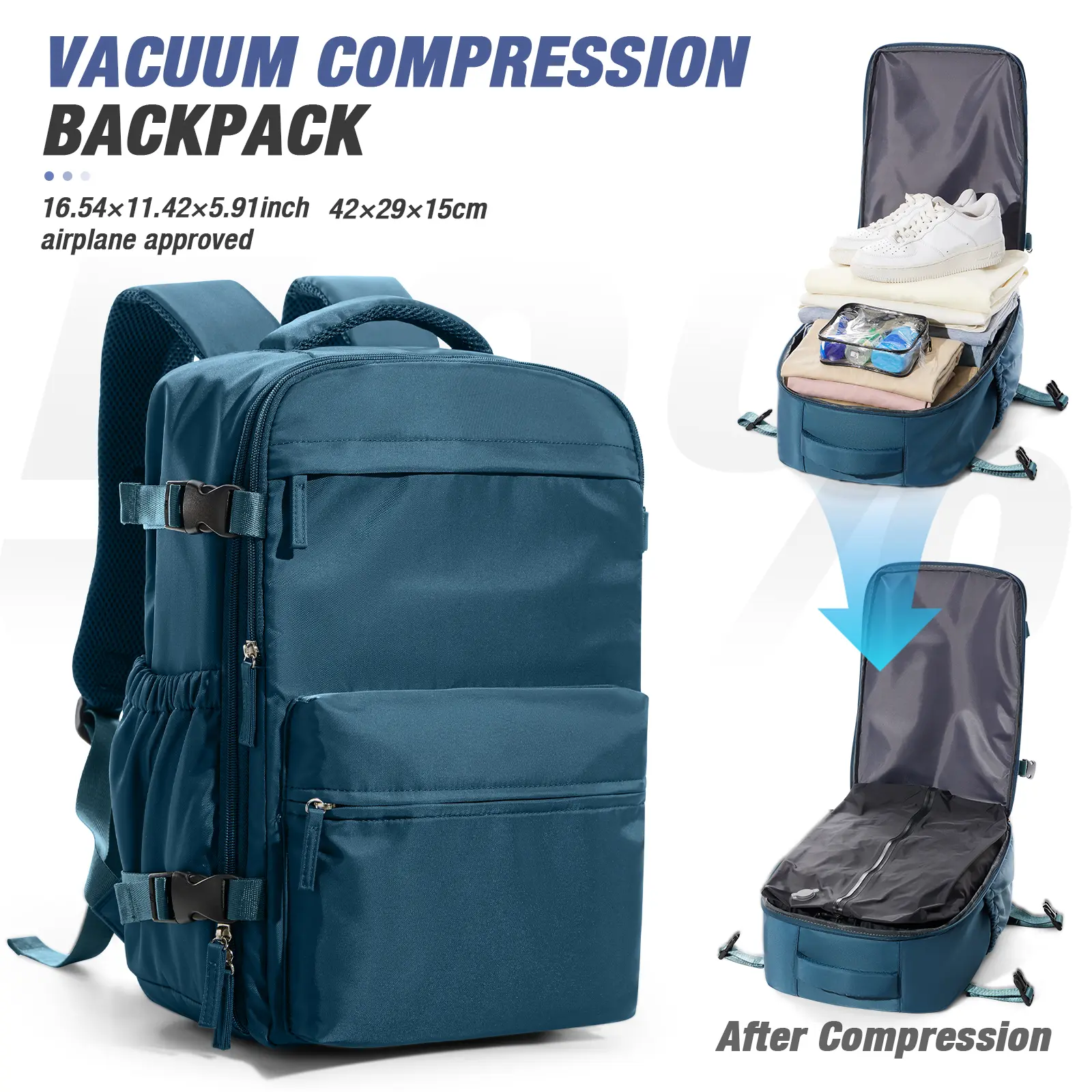 Vacuum-sealed travel backpack (with pump); TSA carry-on travel backpack for air flights; unisex (for men and women); equipped with a vacuum system; vacuum  travel backpack laptop backpack  Friendly  weekender duffel compression  bag