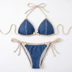 new style Women Girls Two Piece Bathing Suits，Sexy Bikini,Set Halter,Swimsuit,Swimming Clothing,  Vacation Swimwear, SwimWeek summervibes,Fashionable thin-string triangular swimsuit set ,Made of knitted denim, decorated with precious shells Soft ttexture