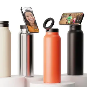 Magnetic Lid Insulated Cup 304 Stainless Steel Outdoor Portable Car Cooler Bottle with Phone Holder