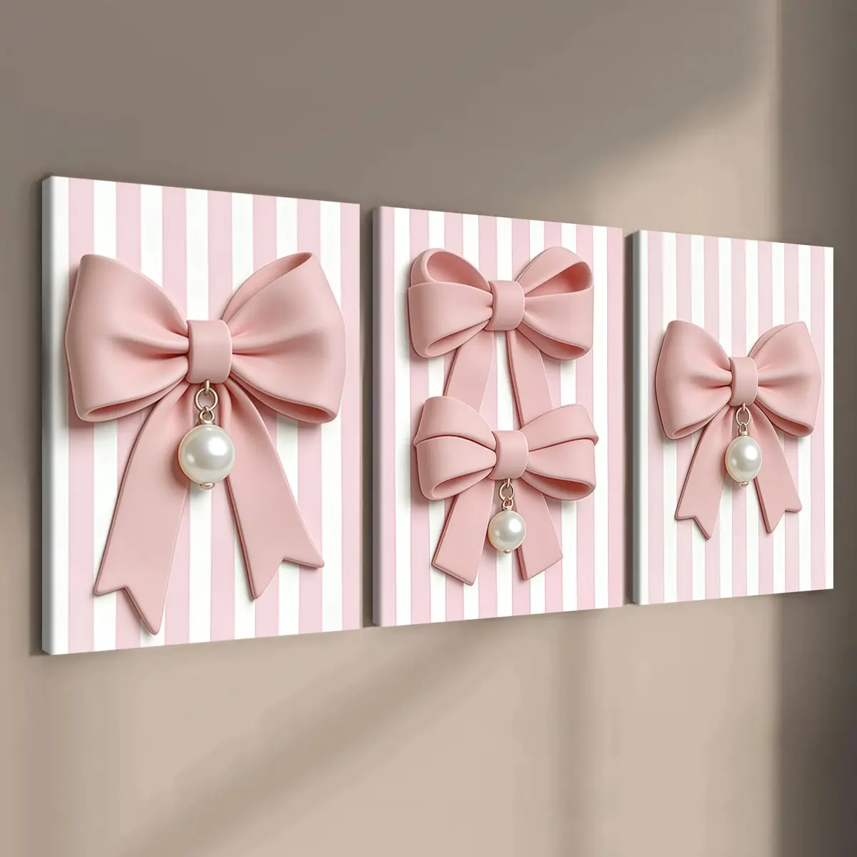 3. Count wooden frame canvas, powder-white striped pearl bowknot posters, atmosphere-themed posters with a touch of girliness and Valentine's Day romance, modern family posters, fashionable living room decorative art, suitable for corridors
