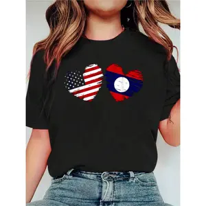USA Laos Flag Heart Valentines Day Lao American T- Print Crew Neck Casual T-Shirt Short Sleeve Sports Top. Smart CasualStreet Style Women's Clothing graphic tees women crop tops summer outfits for women summer tops T-Shirt