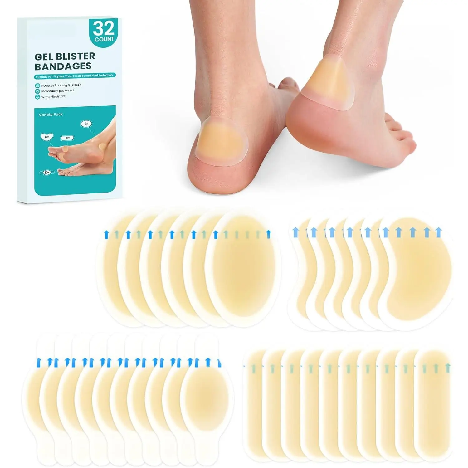 Hydrocolloid Gel Blister Bandages Pads - (Variety Pack)  32ct Waterproof Adhesive Blisters Bandages - Blister Pads for Heel, Foot, Toe, Feet - Gel Blister Chshions for Prevention & Recovery Nail Manicure