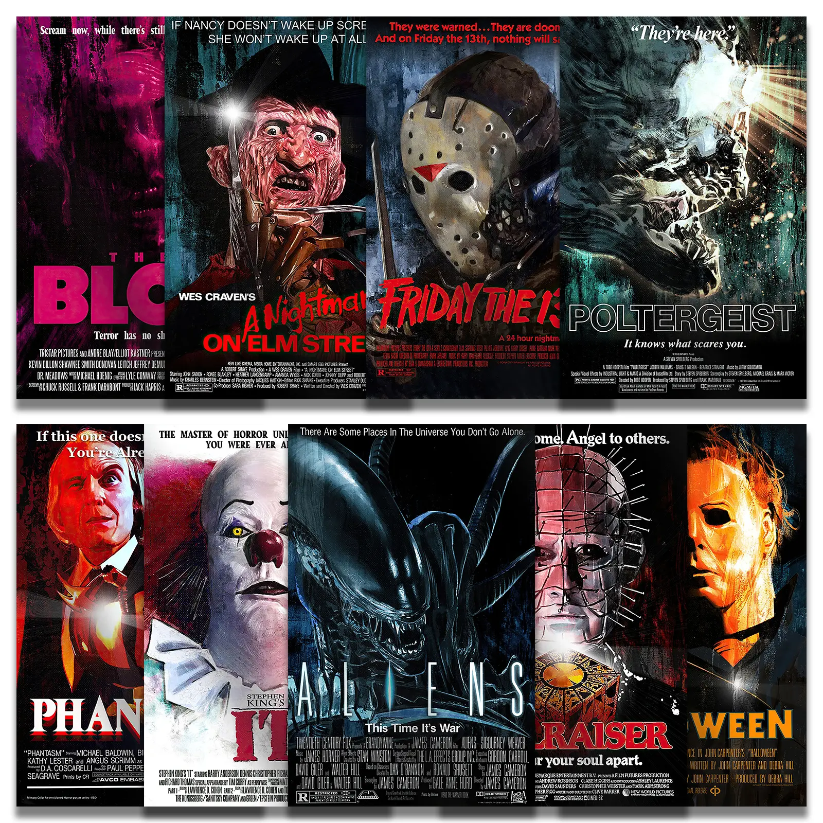 9pcs 1980s Vintage Artistic Horror Movie Poster Print Set, Unframed 8x12in(20x30cm) with Poster Putty, Halloween Ideas Home Inspo Decor, Ghostface Bathroom Decor Gift