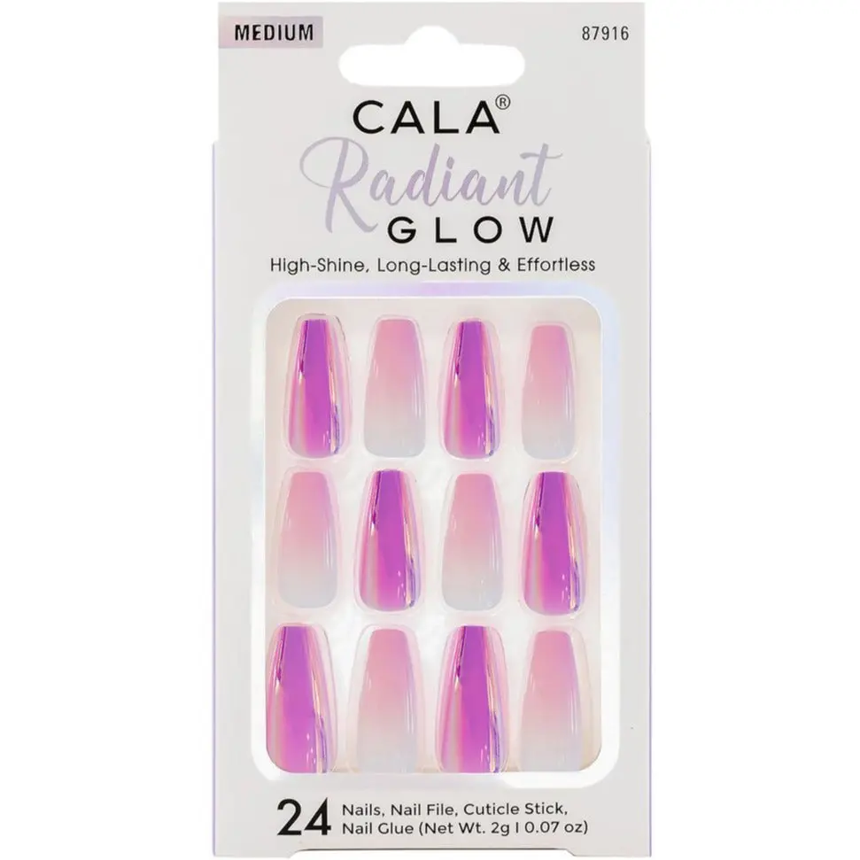 CALA Radiant Glow: Fuchsia/Purple Chrome Medium coffin Press On Nails