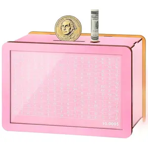 $10000 Larger Size Savings Challenge Box - Cash Vault Wooden Money Savings Box for Adults Kids -  Money Bank - Wooden Cash Coin Piggy Bank with Counter and Dry Erase Pen - Brown