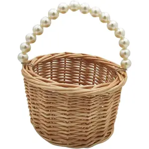 Rustic Wicker Rattan Wedding Flower Girl Baskets,Woven Rattan Storage Basket with  Handles,Woven Eggs Candy Basket for Wedding  Garden Decor (H1)