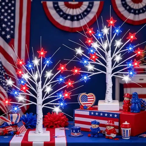 1/2 Pcs USA-Themed LED Lighted Patriotic Red White Blue Star Ornaments, 21.65 Inches Floor-Mount Portable Party Lighting Decoration, 8 Flashing Modes, USB & Dry Battery Power, Abstract Mood Lighting for July 4 Independence Day Home Supplies
